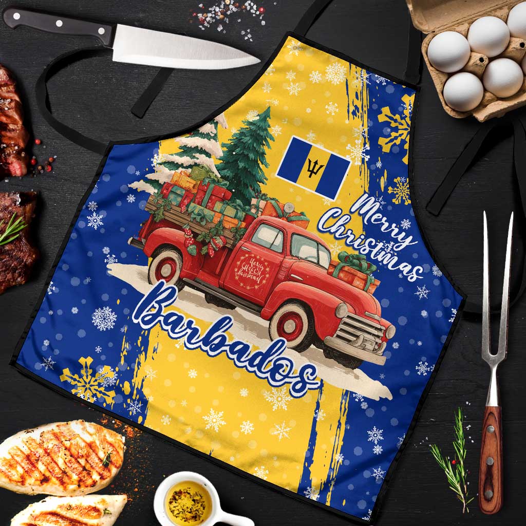 Barbados Christmas Apron with Blue Yellow Xmas Snowflakes Red Truck and Coat of Arms - Wonder Print Shop
