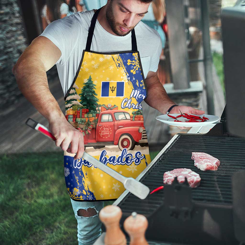 Barbados Christmas Apron with Blue Yellow Xmas Snowflakes Red Truck and Coat of Arms - Wonder Print Shop
