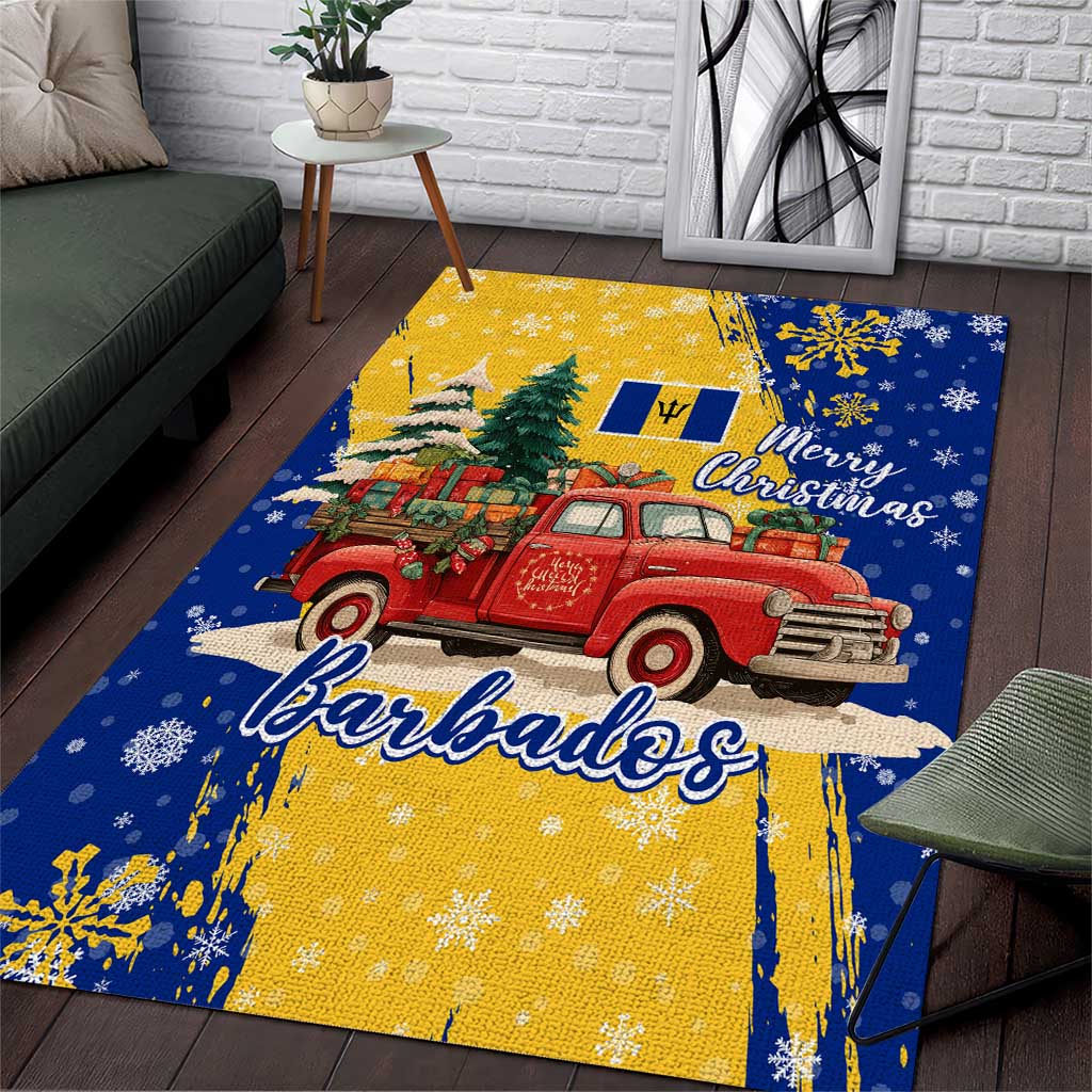 Barbados Christmas Area Rug with Blue Yellow Xmas Snowflakes Red Truck and Coat of Arms - Wonder Print Shop