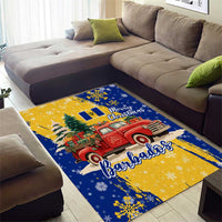 Barbados Christmas Area Rug with Blue Yellow Xmas Snowflakes Red Truck and Coat of Arms - Wonder Print Shop