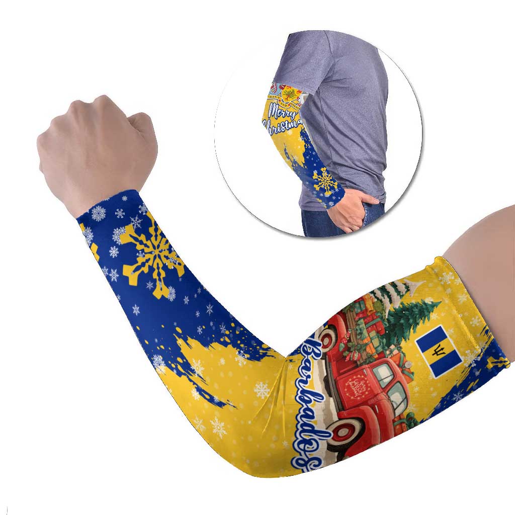 Barbados Christmas Arm Sleeves with Blue Yellow Xmas Snowflakes Red Truck and Coat of Arms - Wonder Print Shop