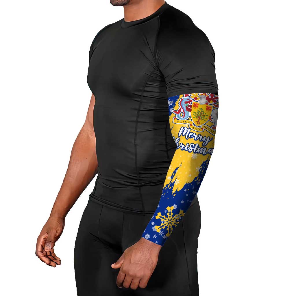 Barbados Christmas Arm Sleeves with Blue Yellow Xmas Snowflakes Red Truck and Coat of Arms - Wonder Print Shop