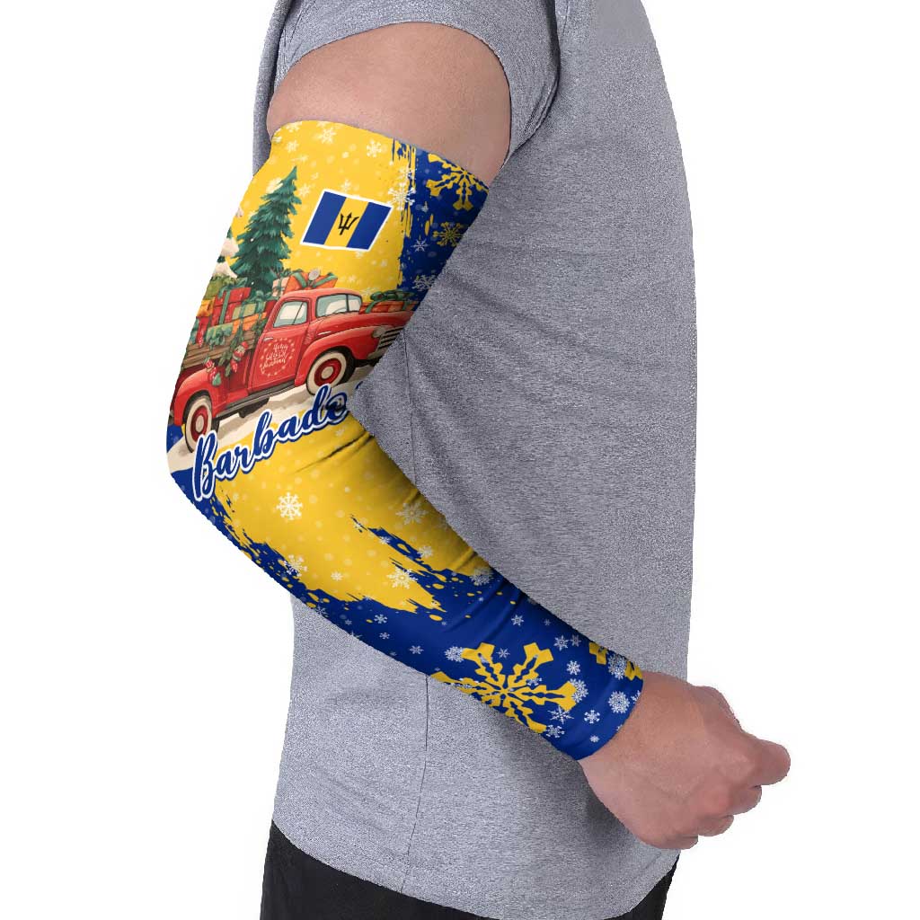 Barbados Christmas Arm Sleeves with Blue Yellow Xmas Snowflakes Red Truck and Coat of Arms - Wonder Print Shop