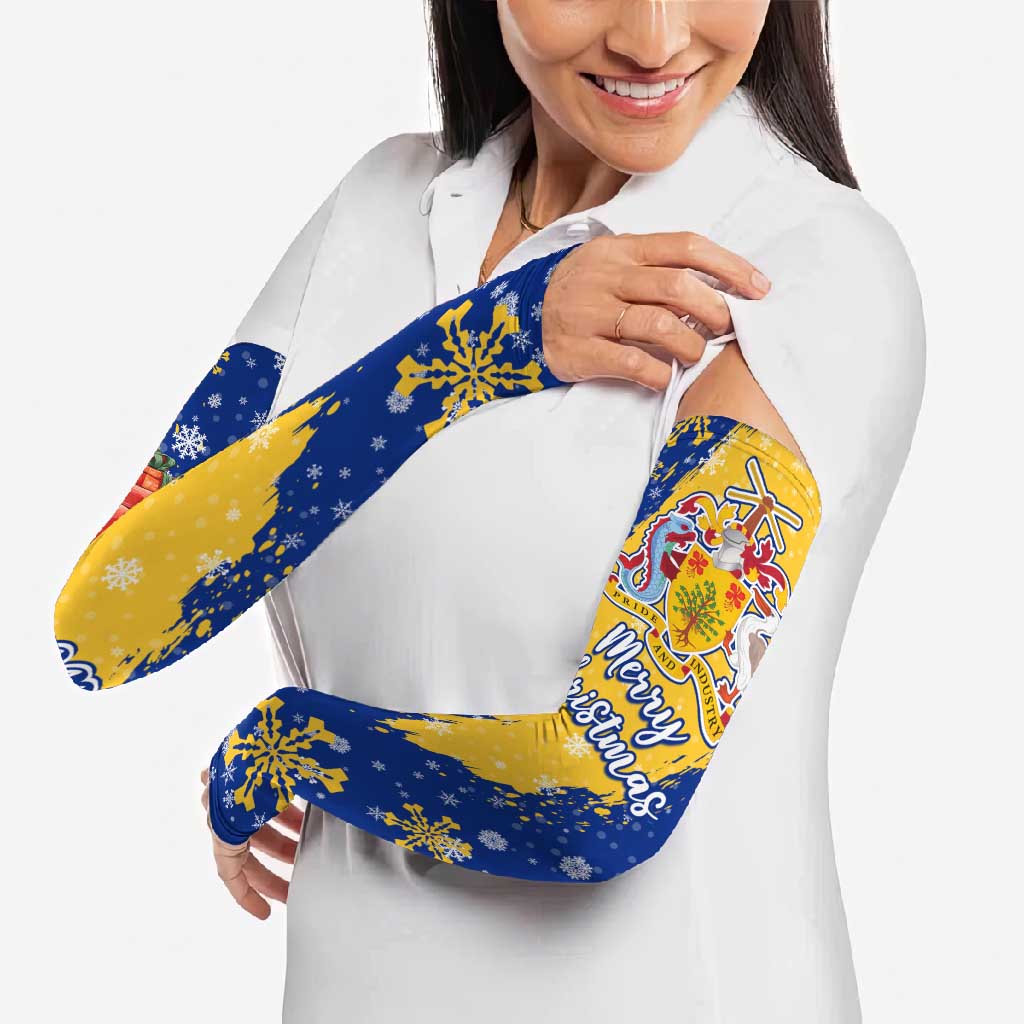 Barbados Christmas Arm Sleeves with Blue Yellow Xmas Snowflakes Red Truck and Coat of Arms - Wonder Print Shop