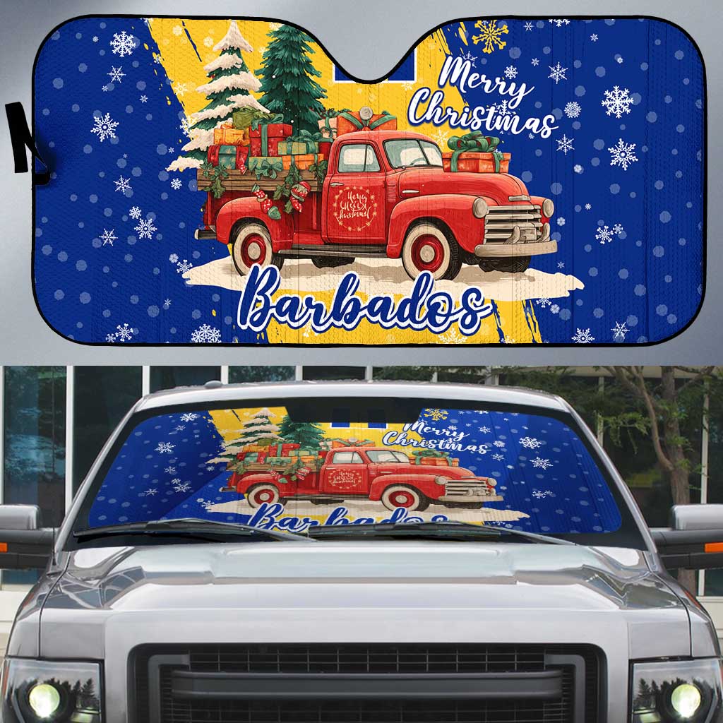 Barbados Christmas Auto Sun Shade with Blue Yellow Xmas Snowflakes Red Truck and Coat of Arms - Wonder Print Shop