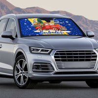 Barbados Christmas Auto Sun Shade with Blue Yellow Xmas Snowflakes Red Truck and Coat of Arms - Wonder Print Shop