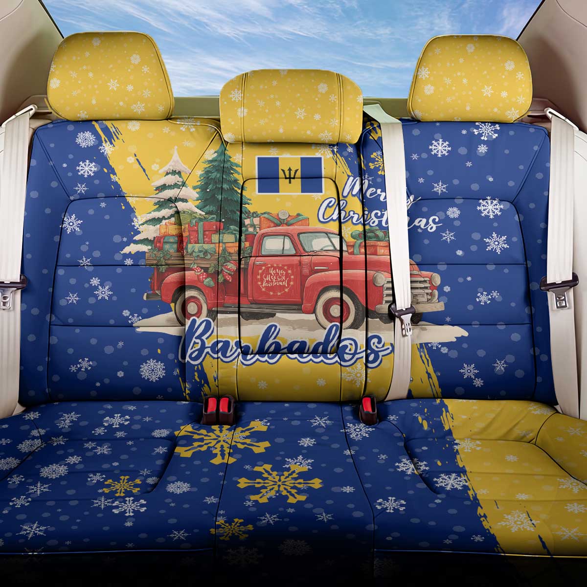 Barbados Christmas Back Car Seat Cover with Blue Yellow Xmas Snowflakes Red Truck and Coat of Arms - Wonder Print Shop
