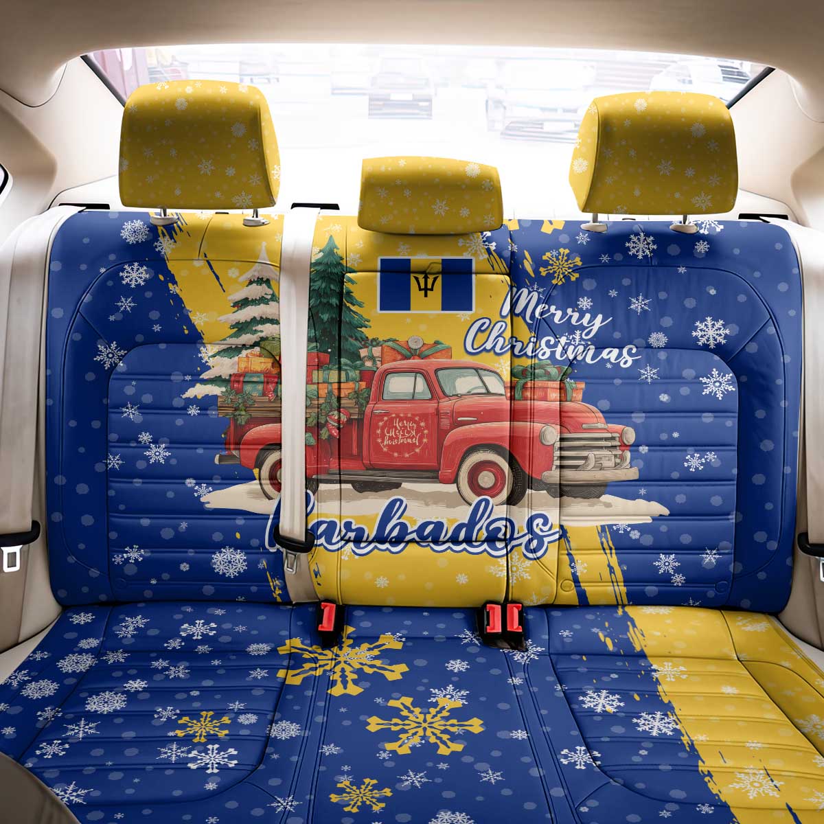 Barbados Christmas Back Car Seat Cover with Blue Yellow Xmas Snowflakes Red Truck and Coat of Arms - Wonder Print Shop