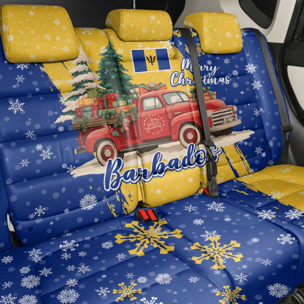 Barbados Christmas Back Car Seat Cover with Blue Yellow Xmas Snowflakes Red Truck and Coat of Arms - Wonder Print Shop