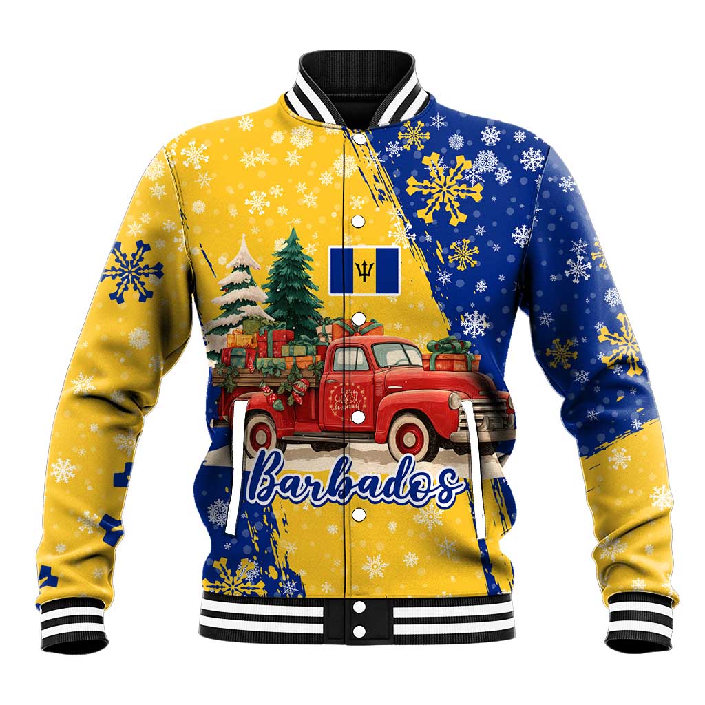 Barbados Christmas Baseball Jacket with Blue Yellow Xmas Snowflakes Red Truck and Coat of Arms - Wonder Print Shop