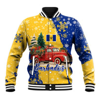 Barbados Christmas Baseball Jacket with Blue Yellow Xmas Snowflakes Red Truck and Coat of Arms - Wonder Print Shop