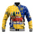 Barbados Christmas Baseball Jacket with Blue Yellow Xmas Snowflakes Red Truck and Coat of Arms - Wonder Print Shop