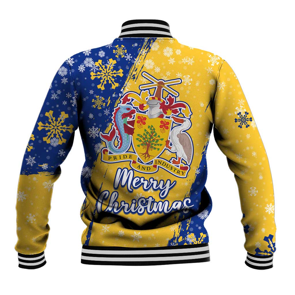 Barbados Christmas Baseball Jacket with Blue Yellow Xmas Snowflakes Red Truck and Coat of Arms - Wonder Print Shop