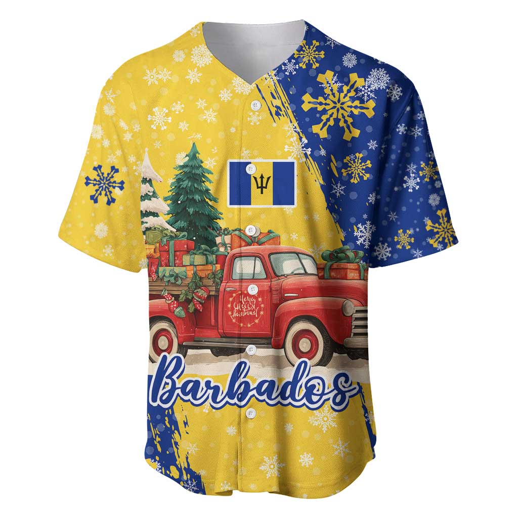 Barbados Christmas Baseball Jersey with Blue Yellow Xmas Snowflakes Red Truck and Coat of Arms - Wonder Print Shop