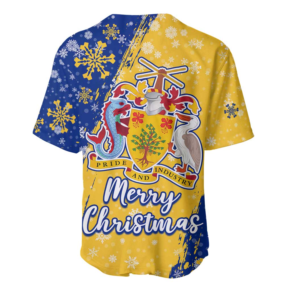 Barbados Christmas Baseball Jersey with Blue Yellow Xmas Snowflakes Red Truck and Coat of Arms - Wonder Print Shop
