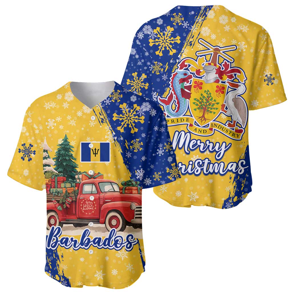 Barbados Christmas Baseball Jersey with Blue Yellow Xmas Snowflakes Red Truck and Coat of Arms - Wonder Print Shop