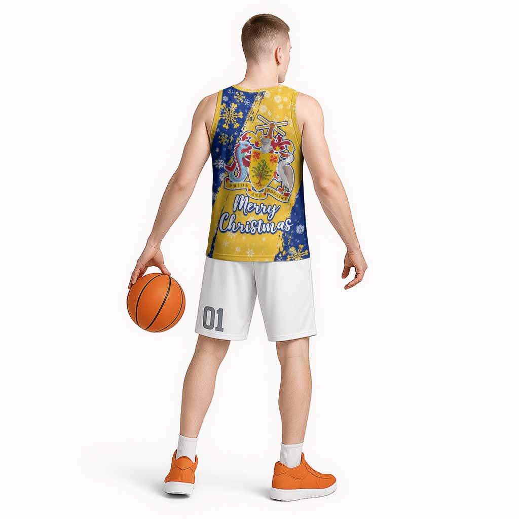 Barbados Christmas Basketball Jersey with Blue Yellow Xmas Snowflakes Red Truck and Coat of Arms - Wonder Print Shop
