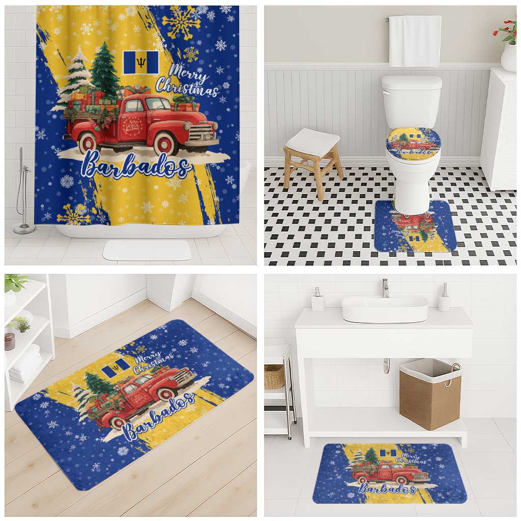 Barbados Christmas Bathroom Set with Blue Yellow Xmas Snowflakes Red Truck and Coat of Arms - Wonder Print Shop