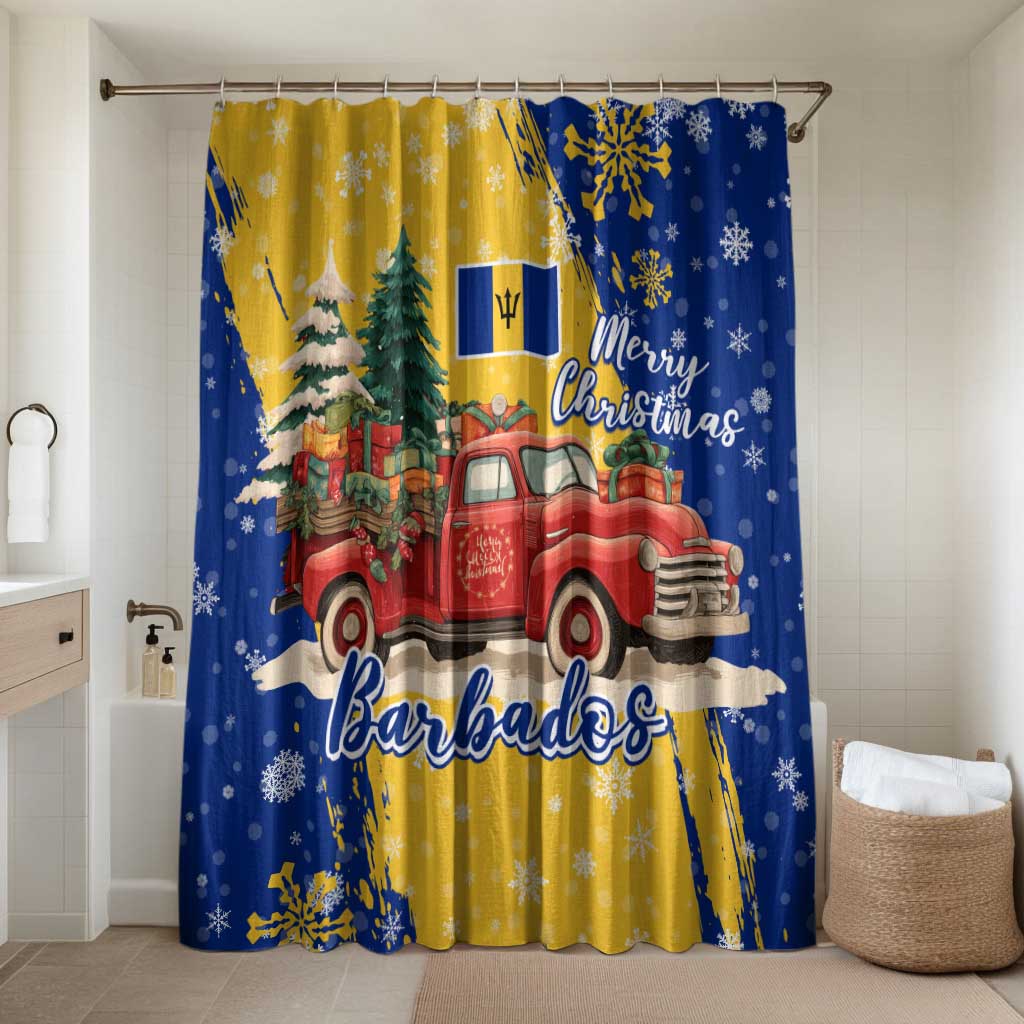 Barbados Christmas Bathroom Set with Blue Yellow Xmas Snowflakes Red Truck and Coat of Arms - Wonder Print Shop