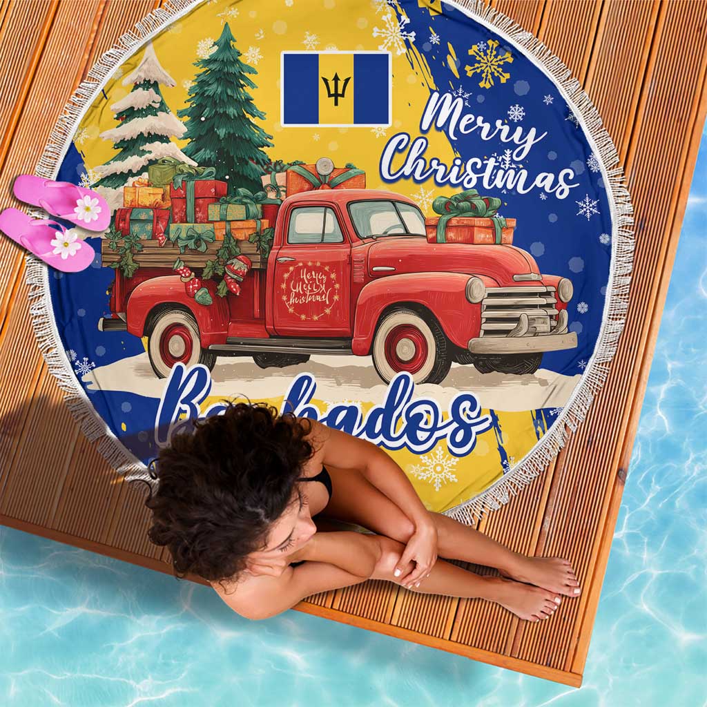 Barbados Christmas Beach Blanket with Blue Yellow Xmas Snowflakes Red Truck and Coat of Arms - Wonder Print Shop