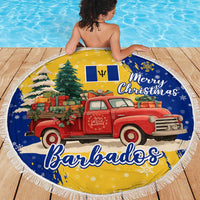 Barbados Christmas Beach Blanket with Blue Yellow Xmas Snowflakes Red Truck and Coat of Arms - Wonder Print Shop