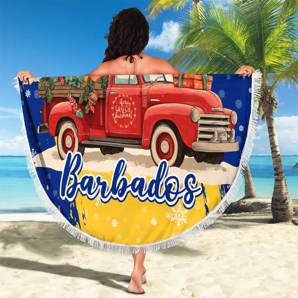 Barbados Christmas Beach Blanket with Blue Yellow Xmas Snowflakes Red Truck and Coat of Arms - Wonder Print Shop