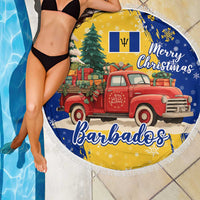 Barbados Christmas Beach Blanket with Blue Yellow Xmas Snowflakes Red Truck and Coat of Arms - Wonder Print Shop