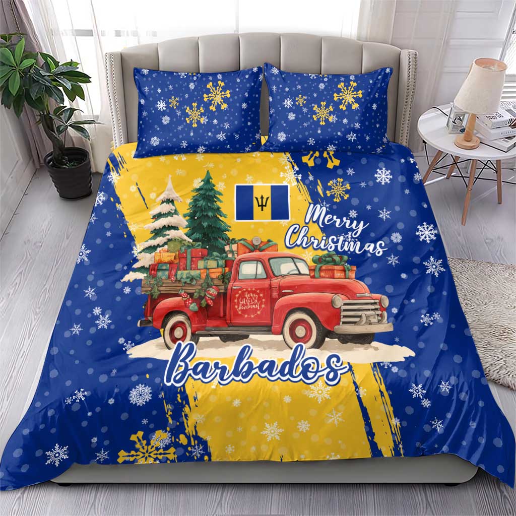Barbados Christmas Bedding Set with Blue Yellow Xmas Snowflakes Red Truck and Coat of Arms - Wonder Print Shop