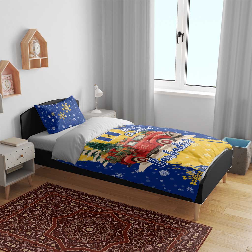 Barbados Christmas Bedding Set with Blue Yellow Xmas Snowflakes Red Truck and Coat of Arms - Wonder Print Shop
