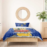 Barbados Christmas Bedding Set with Blue Yellow Xmas Snowflakes Red Truck and Coat of Arms - Wonder Print Shop