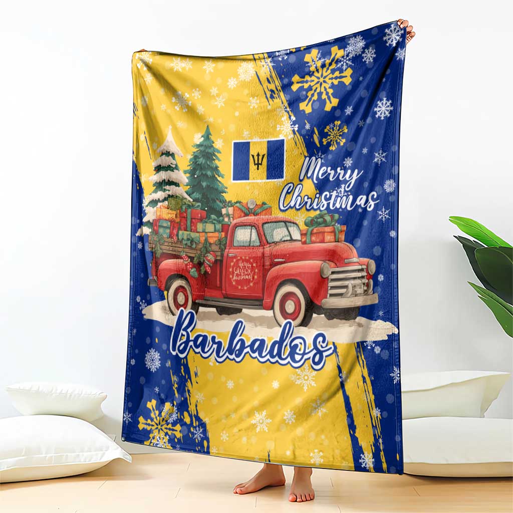 Barbados Christmas Blanket with Blue Yellow Xmas Snowflakes Red Truck and Coat of Arms - Wonder Print Shop