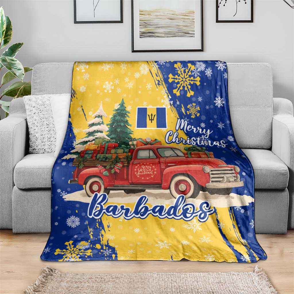 Barbados Christmas Blanket with Blue Yellow Xmas Snowflakes Red Truck and Coat of Arms - Wonder Print Shop