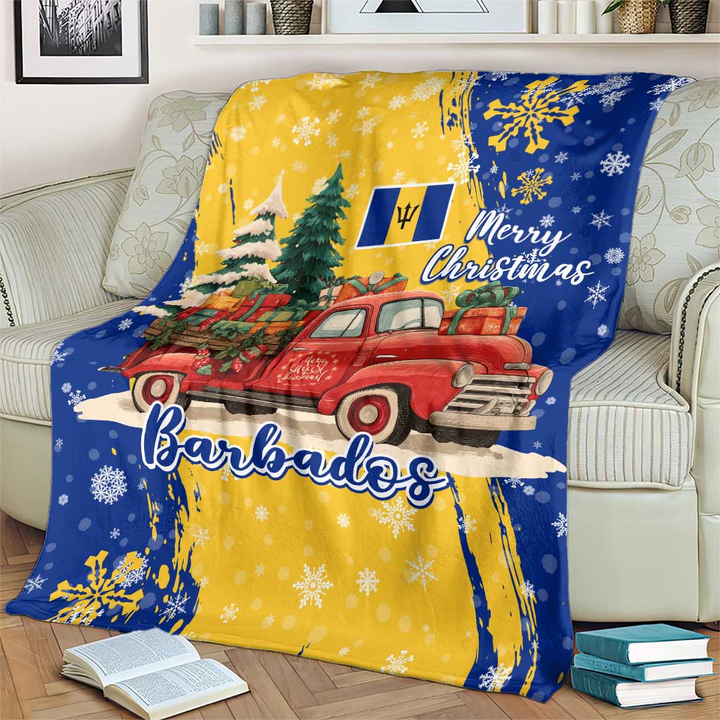 Barbados Christmas Blanket with Blue Yellow Xmas Snowflakes Red Truck and Coat of Arms - Wonder Print Shop