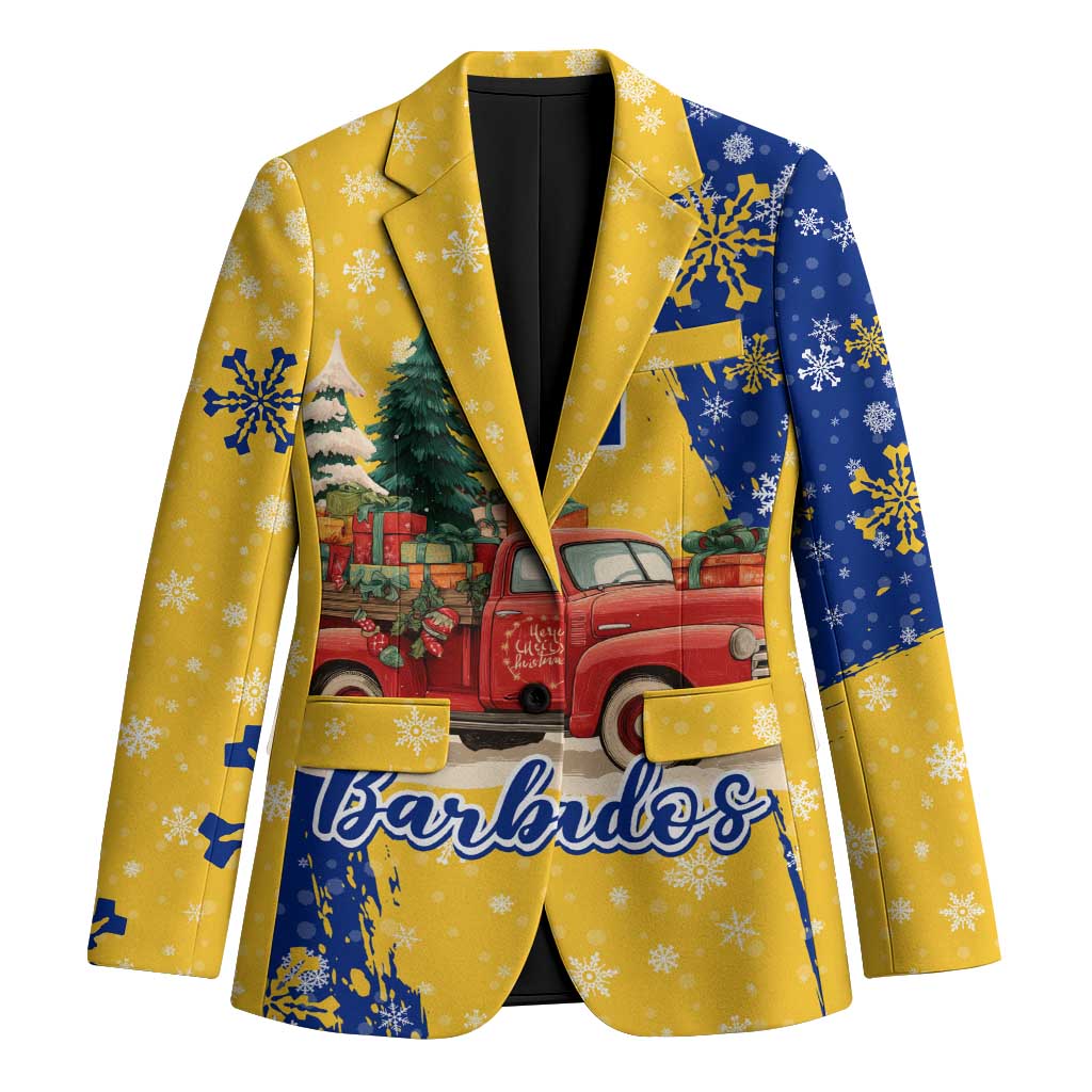 Barbados Christmas Blazer with Blue Yellow Xmas Snowflakes Red Truck and Coat of Arms - Wonder Print Shop