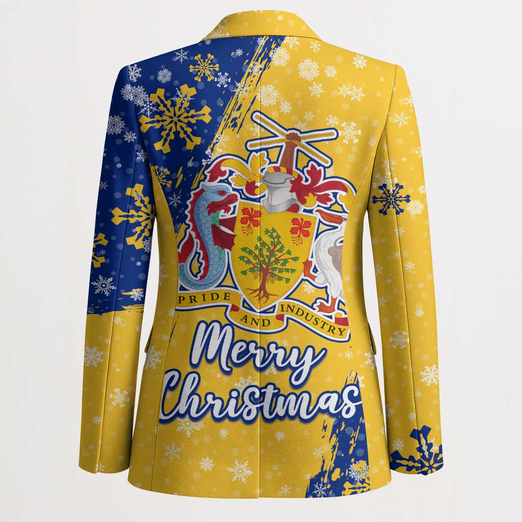 Barbados Christmas Blazer with Blue Yellow Xmas Snowflakes Red Truck and Coat of Arms - Wonder Print Shop