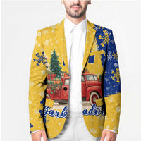 Barbados Christmas Blazer with Blue Yellow Xmas Snowflakes Red Truck and Coat of Arms - Wonder Print Shop