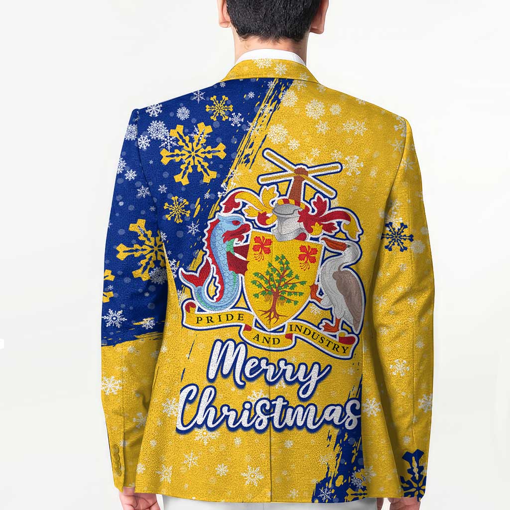 Barbados Christmas Blazer with Blue Yellow Xmas Snowflakes Red Truck and Coat of Arms - Wonder Print Shop