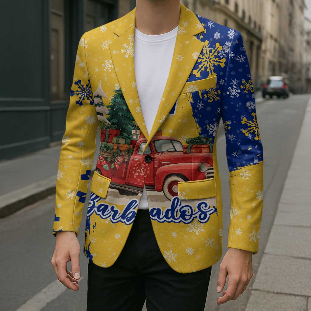 Barbados Christmas Blazer with Blue Yellow Xmas Snowflakes Red Truck and Coat of Arms - Wonder Print Shop