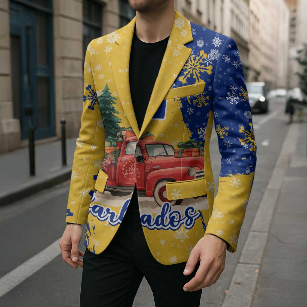 Barbados Christmas Blazer with Blue Yellow Xmas Snowflakes Red Truck and Coat of Arms - Wonder Print Shop