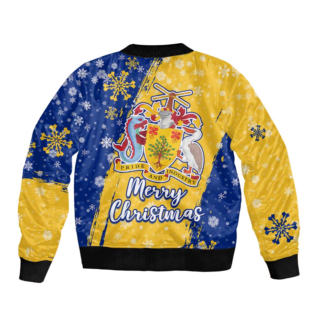 Barbados Christmas Bomber Jacket with Blue Yellow Xmas Snowflakes Red Truck and Coat of Arms - Wonder Print Shop