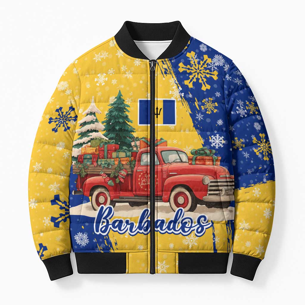 Barbados Christmas Bomber Puffer Jacket with Blue Yellow Xmas Snowflakes Red Truck and Coat of Arms - Wonder Print Shop