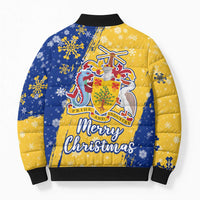 Barbados Christmas Bomber Puffer Jacket with Blue Yellow Xmas Snowflakes Red Truck and Coat of Arms - Wonder Print Shop