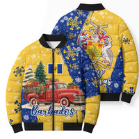 Barbados Christmas Bomber Puffer Jacket with Blue Yellow Xmas Snowflakes Red Truck and Coat of Arms - Wonder Print Shop