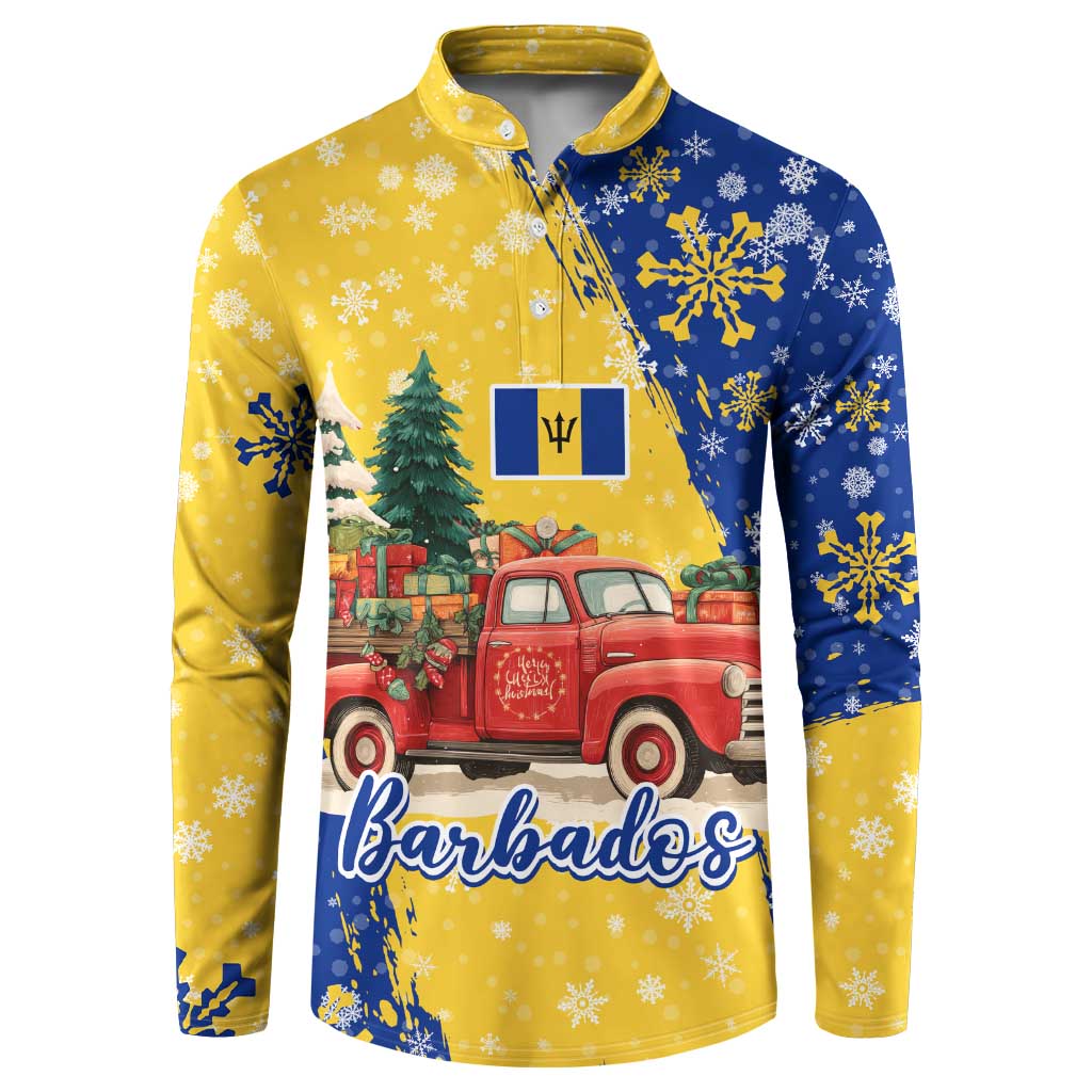 Barbados Christmas Button Sweatshirt with Blue Yellow Xmas Snowflakes Red Truck and Coat of Arms - Wonder Print Shop