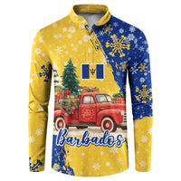 Barbados Christmas Button Sweatshirt with Blue Yellow Xmas Snowflakes Red Truck and Coat of Arms - Wonder Print Shop