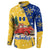 Barbados Christmas Button Sweatshirt with Blue Yellow Xmas Snowflakes Red Truck and Coat of Arms - Wonder Print Shop