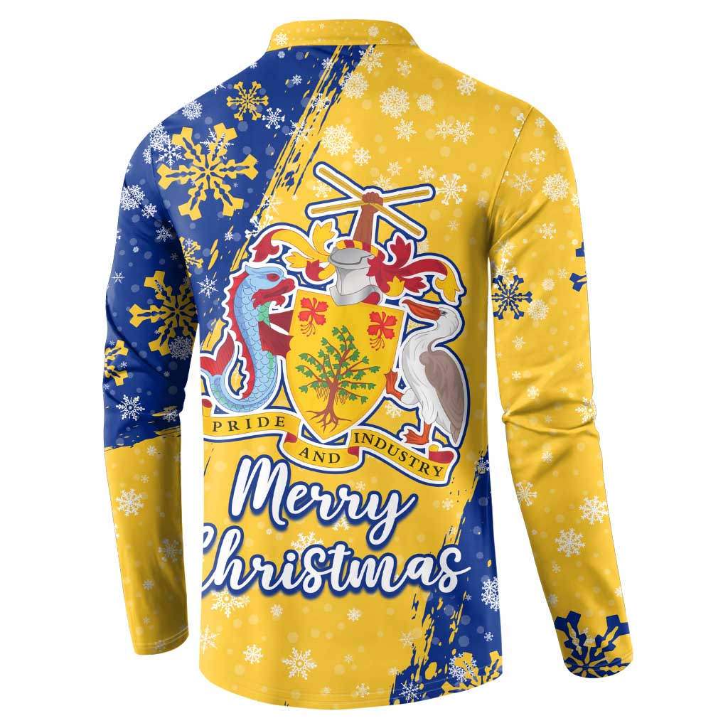 Barbados Christmas Button Sweatshirt with Blue Yellow Xmas Snowflakes Red Truck and Coat of Arms - Wonder Print Shop