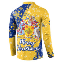 Barbados Christmas Button Sweatshirt with Blue Yellow Xmas Snowflakes Red Truck and Coat of Arms - Wonder Print Shop