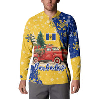 Barbados Christmas Button Sweatshirt with Blue Yellow Xmas Snowflakes Red Truck and Coat of Arms - Wonder Print Shop