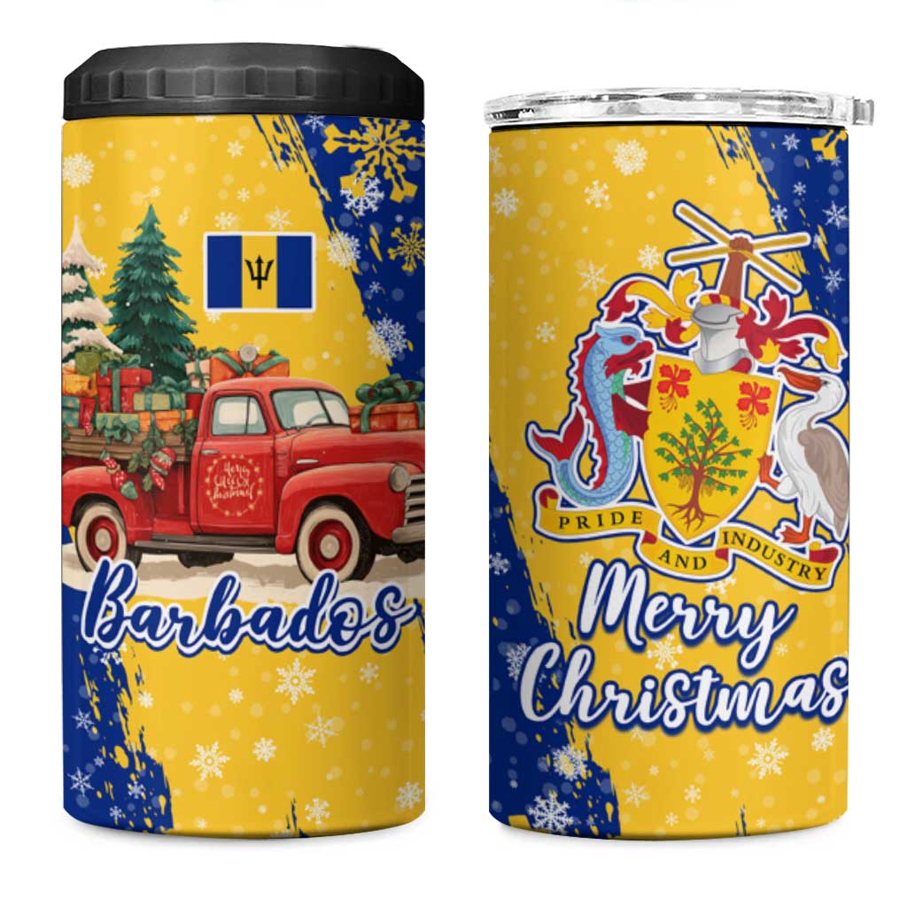 Barbados Christmas 4 in 1 Can Cooler Tumbler with Blue Yellow Xmas Snowflakes Red Truck and Coat of Arms - Wonder Print Shop